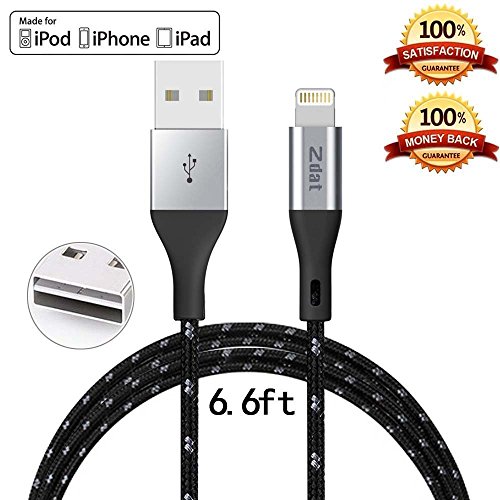 [Apple MFi Certified]Zdatt 6.6 Feet Nylon Braided Lightning to Reversible USB Data Sync Cable with Aluminum Housing Connector Head for iPhone, iPad Air/Mini/Pro, iPod-Black