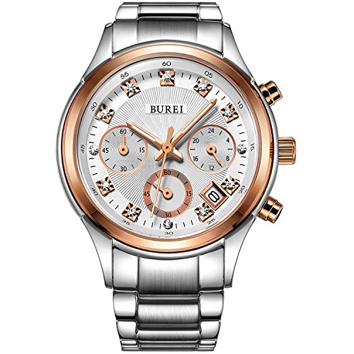 BUREI Women's Chronograph Quartz Watch with Date and Elegant Rose Gold Diamond Analogue and Stainless Steel Bracelet