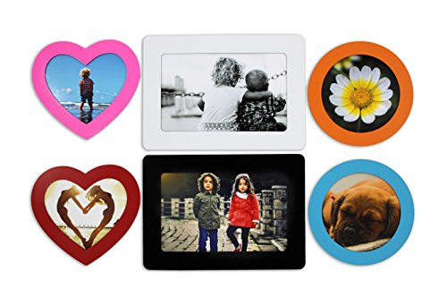 Premium Set of 6 Magnetic Picture Frames for Home, Office, Refrigerator, Locker, or Any Metal Surface. 2 Standard 4 x 6 inch, 2 Heart shape and 2 Round Shape Frames in Assorted Colors by Bins & Things