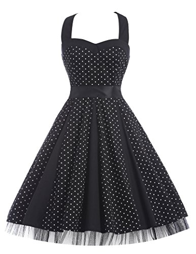 Halter Neckline Polka Dot Party Picnic Dress for Teens Black(XL)
