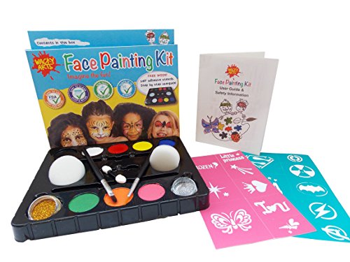 Face Painting Kits For Kids from Wacky Arts, Non Toxic, Waterbased, Easy to Use 16 Stencil Kit, Face Paint Fda Safe Includes 8 Colors 2 Glitters, Safety Guide & Design Manual for All Parties & Events