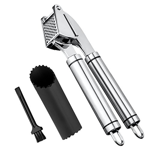 Professional Garlic Press, Best Garlic Press Stainless Steel, Ginger Press, Garlic Crusher, Ginger Crusher, Garlic Mincer, Heavy Duty, Includes Complimentary Silicone Garlic Peeler & Cleaning Brush