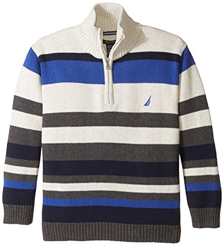 Nautica Big Boys' Quarter Zip Engineered Stripe Sweater, Oat Heather, Large