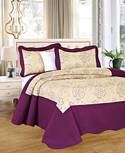 Daisy Purple Bedspread King 3 pcs Quilted Purple BedspreadKing Size Bedspread Set Comforter throw Purple Beige