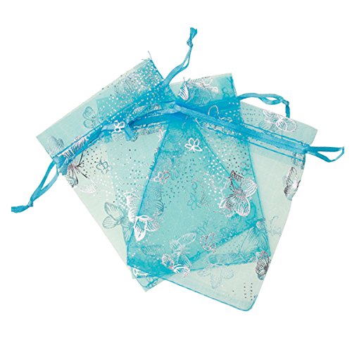 G2PLUS® 100PCS 9X12CM (3.54X4.72) Drawstring Organza Jewelry Favor Pouches Wedding Party Festival Gift Bags Candy Bags-Blue Butterfly Floral Print Silver