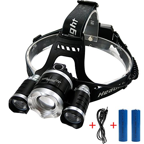 New Updated Headlamps 2200 Lumen CREE XM-L T6 3LED Headlight Zoomable Lamp Head Lights 4 Modes Flashlight Front Focus Lamp for Camping/ Fishing/ Hiking Outdoor Sports (2 *18650 Batteries and USB Cable Included )