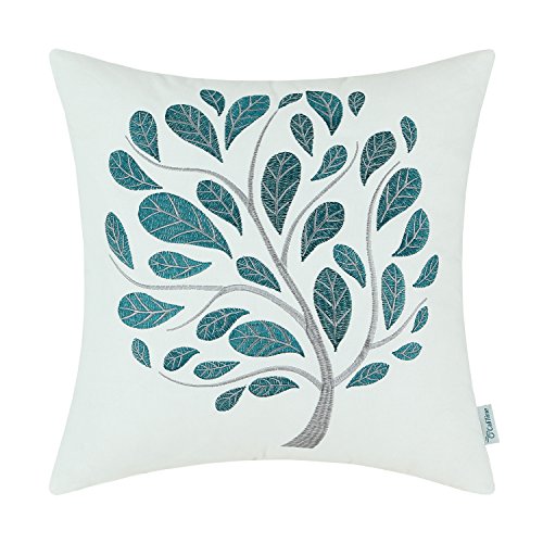 CaliTime Pillow Cover Cotton Canvas Thick Leaves Tree Embroidered 18 X 18 Inches Teal