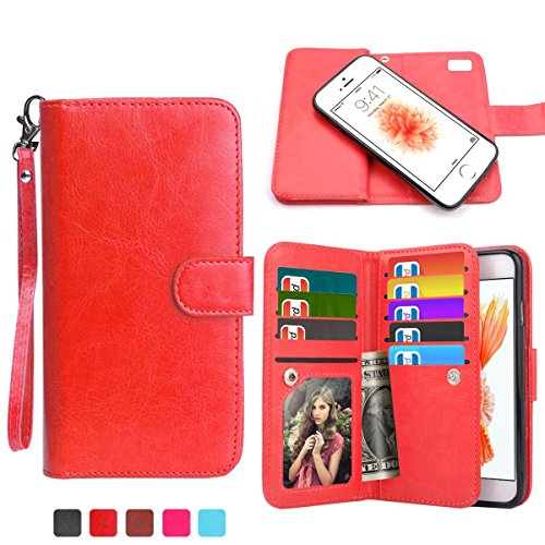 iPhone 6 Plus Case, HESPLUS Premium PU leather Flip Detachable Wallet Case with Credit Card Slot Holder and Hand Grip for Apple iPhone 6 Plus 5.5 Inch (red)