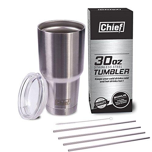30oz Stainless Steel Tumbler with 4 Straws Bundle With Premium Quality Chief 18/8 Stainless Steel Insulated Tumbler Cup + 4 Stainless Steel Straws + Straw Cleaner + Gift Box Holds Ice Up To 24 Hours