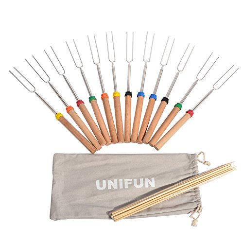 UNIFUN Marshmallow Roasting Sticks, SET of 12 FDA APPROVED 32 Campfire Stick Hot Dog & Kabob Wooden Handle Fork with Free 12 Bamboo Sticks for Campfires, Bonfires