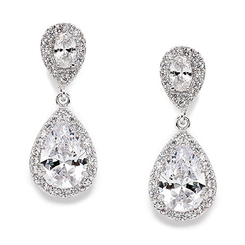 Mariell Elegant Cubic Zirconia Halo Teardrop Earrings for Bridal or Fashion - Genuine Platinum Plated
