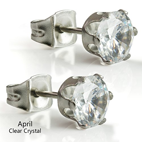 316L Surgical Stainless Steel Round Cubic Zirconia April Clear Crystal Stone Stud Earrings SE4