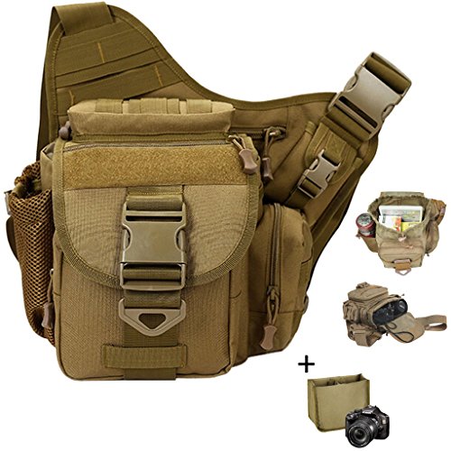 Camera Shoulder Bag, Qcute Waterproof Multi-functional Tactical Military Messenger Shoulder SLR Camera Bag Pack Backpack with Shockproof Insert for Hiking Camping Trekking Cycling - Khaki