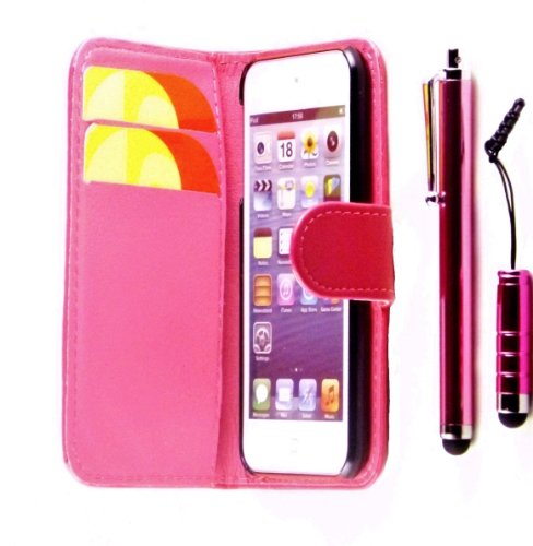 R.BAWA. PACK OF 5. Pink Leather Wallet Case For Apple iPod Touch 5, 5TH Generation + 2 Screen Protectors + 2 Stylus Pens