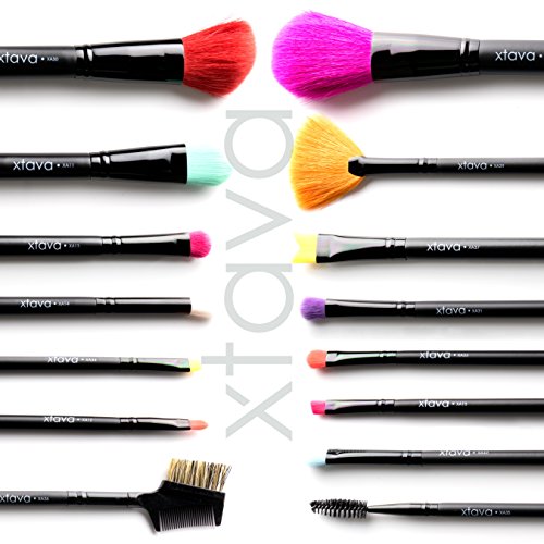xtava Studio Pro Vibrant Makeup Brush Kit - Premium Set of 15 Essential, Professional Quality Brushes for Expert Results - Colorful Synthetic and Natural Bristles Eliminate Confusion for Effortless Application and Enhanced Coverage - Includes Python Print Wrap Travel Case for Protection and Easy Travel - Use for Powder, Blush, Foundation, HD Contour, Concealer, Eye Shadow, Highlighter, Lips, Eyeliner, Eyebrows and Eyelashes