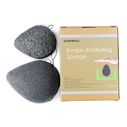 NATURAL KONJAC FACIAL SPONGES - 2 PACK 100% Pure Natural Puff Sponges with Bamboo Charcoal - Naturally alkaline with multiple vitamins and minerals to effortlessly cleanse and soften delicate skin -- Gentle but effective exfoliating - GAINWELL