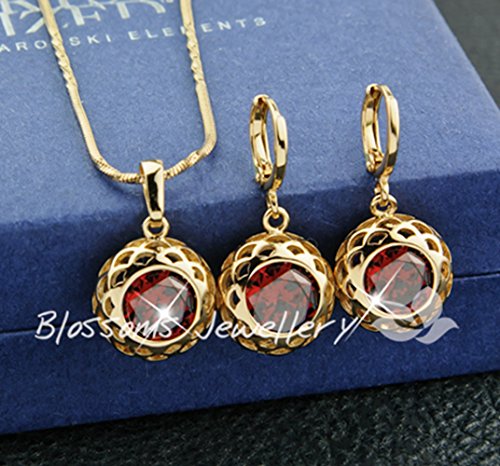 Dream4girls Swarovski Crystal Real 18k 18ct Yellow Gold Plated Womens Beautiful Ruby Necklace Pendant Earrings Set Wedding Party Jewelry Set