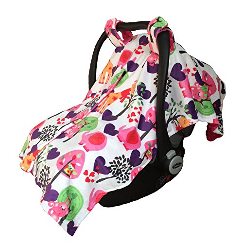 Baby Girls Reversible Minky Velboa Carseat Carrier Cover, Safari / Hot Pink