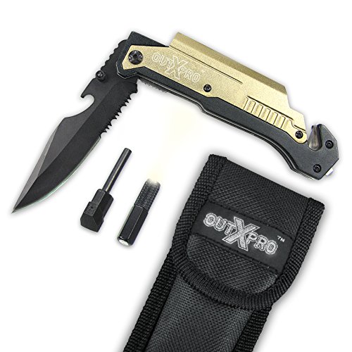 OUTXPRO Pocket Knife with Flashlight, Fire Starter, Bottle Opener and Saw Blade - Gold