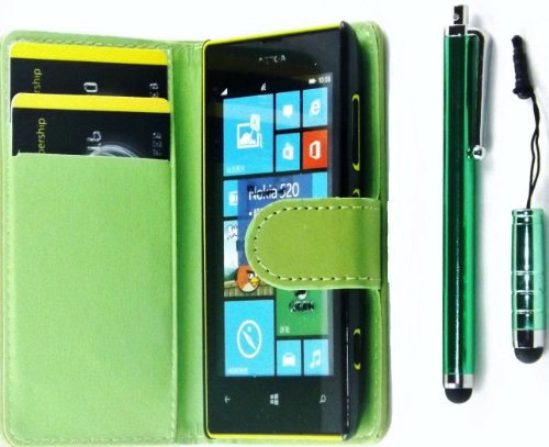 R.BAWA. Pack Containing 5 Parts. Green Leather Wallet Case For Nokia Lumia 520 + 2 Screen Protectors + 2 Stylus Pens