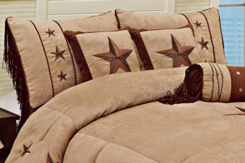 7 Pieces WESTERN Lodge Oversize Comforter Set Taupe Brown Lone Star Micro Suede Queen Size Bedding
