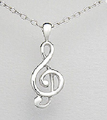 Exceptional Quality.925 Sterling Silver Clef Musical Music Melody Clef Note Instrument 9 mm X 27 mm Pendant Comes with a 20'' Chain Necklace