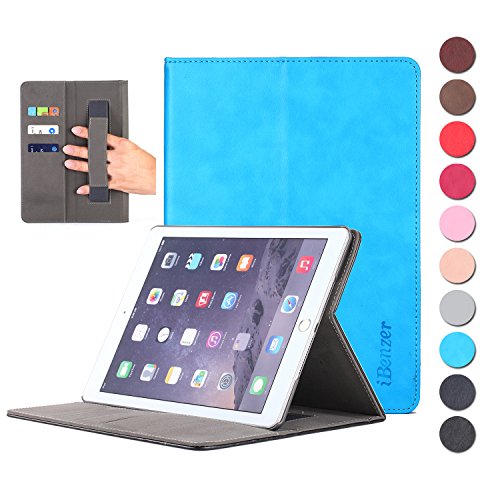 iBenzer® iPad Air 2 Folio Executive Series - Premium Leather Folio cover, Wallet Design Flip Case for iPad Air 2 iPad 6 (2014 version) with Stand and Sleep/Wake Function and Elastic Hand Strap (Sky Blue AIR2EX-SBL)