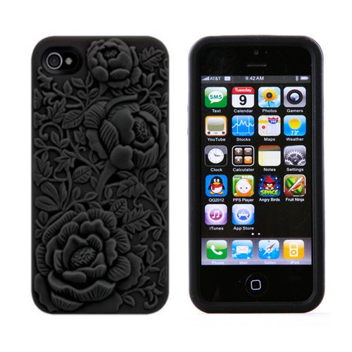 niceeshop(TM) Black 3D Sculpture Rose Flower Silicone Soft Case Cover for iPhone 5 5S+Screen Protector