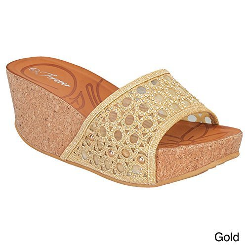 FOREVER FREYA-21 Women's Hot Fashion Wedge Sandal Comfort Slides Summer shoes, Color:GOLD, Size:7