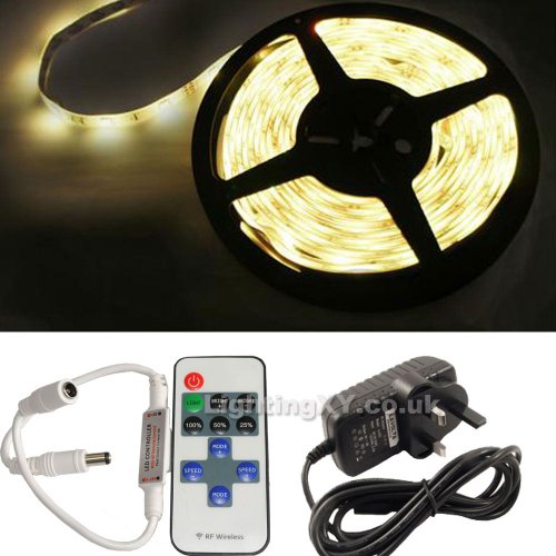 JnDee™ Full Kit WARM White 5 Metres DIMMABLE LED Strip Tape +Transformer /Power Supply + RF Wireless Dimmer Flasher with Remote Control