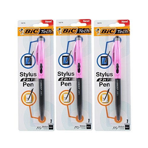 BIC Tech 2 in 1 Retractable Ball Pen and Stylus, Medium Point, 1.0mm, Black Ink - Pack of 3 (Pink Barrel)