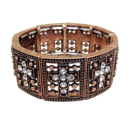 Crystal Cross Stretch Bracelet, Copper - This Trendy Bracelet Has 9 Clear Crystal Crosses With Antiqued Copper Plating - The Perfect Faith Statement Gift