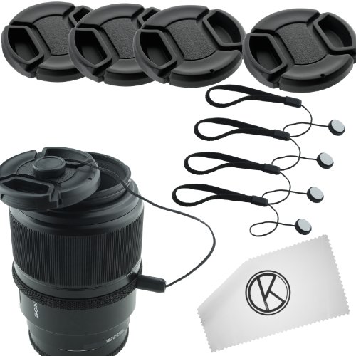 Lens Cap Bundle - 4 Snap-on Lens Caps for DSLR Cameras including Nikon, Canon, Sony - 4 Lens Cap Keepers / 1 CamKix Microfiber Cleaning Cloth included