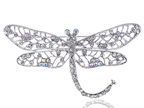 Intricate Silver Tone Filigree Clear AB Crystal Rhinestone Dragonfly Pin Brooch