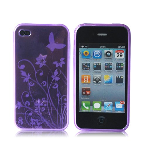 Butterfly TPU Silicone Case Cover for Apple iPhone 4 4G 4S AT&T and Verizon Purple