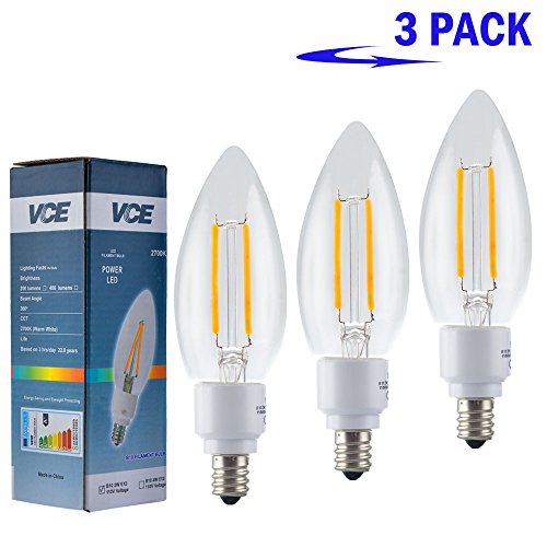 LED Candelabra,VCE® (3-PACK) LED Filament Candle Bulb 2W,25W Equivalent, Not dimmable