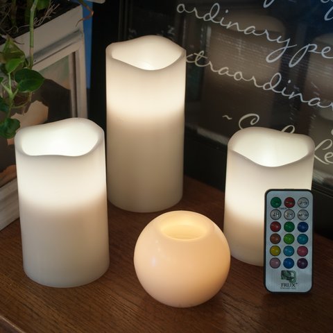 Frux Home and Yard 3 Piece Flickering Flameless LED Wax Pillar Candles Set with Remote Control and Bonus Ball Candle