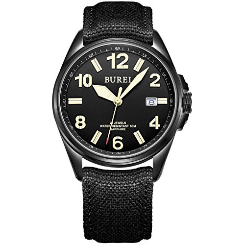 BUREI Day Display Military Style Black Dial Lumnious Automatic Watch Waterproof Watch Men's Watch Wristwatch with Black Canvas Strap