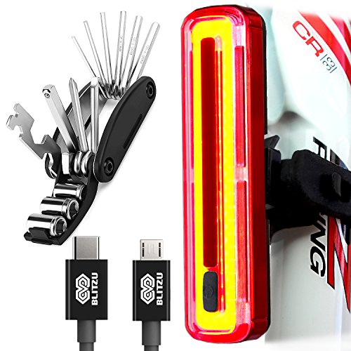 ULTRA BRIGHT Bike Light Blitzu Cyborg 180T USB Rechargeable Bicycle Tail Light. REPAIR MULTITOOL KIT INCLUDED RED Rear LED Accessories for Road Bikes Helmets. Easy To install Cycling Safety Flashlight