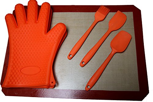 Louvita Silicone Mat, Gloves & Spatulas - Reusable, Non-stick Mat for Baking & Roasting - Heat Resistant Gloves for Oven Cooking & BBQ Grills - Set of 3 Durable Utensils for Food Preparation
