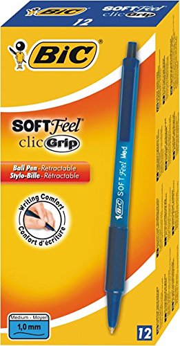 BIC Soft Feel Ball Pens Retractable, Blue, Medium Point, Dozen Box