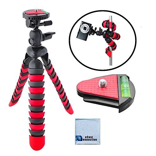 12 Inch Flexible Tripod w/ Flexible Wrappable Disc Legs Red & Black, Quick Release Plate, and Bubble Level + eCostConnection Microfiber Cleaning Cloth