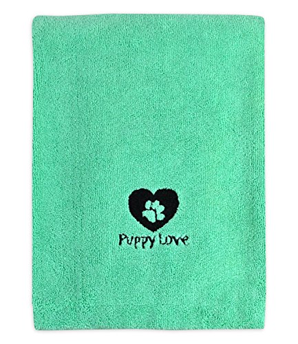 DII Bone Dry Microfiber Dog Bath Towel with Embroidered Puppy, Green