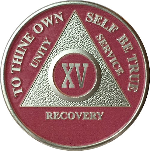 Pink & Silver Plated 15 Year AA Alcoholics Anonymous Sobriety Medallion Chip & Vinyl Protector