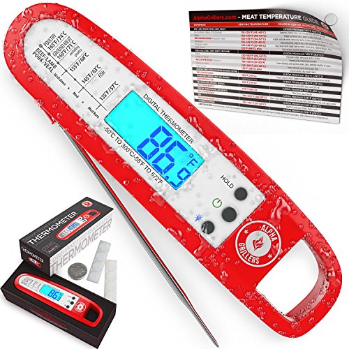 Instant Read Thermometer With Backlight For Meat & Cooking. Sold In Elegant Gift Box. Best Ultra Fast Digital BBQ Food Probe. Includes Internal Barbecue Meat Temperature Guide. By Alpha Grillers
