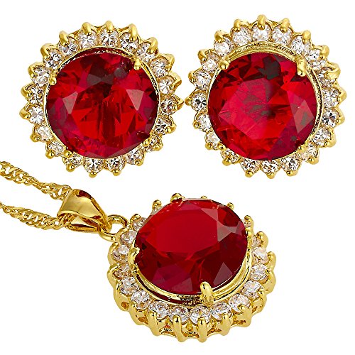 Rizila Jewellery Thanksgiving Day Christmas Gift Xmas Red Garnet Round Cut Necklace Pendant Earrings Gemstone 18K GP Jewelry Set