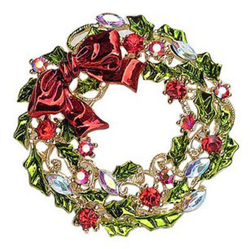 Amazing Colourful Christmas Circle Wreath Brooch Full of Rhinestones Pin Gift BR142