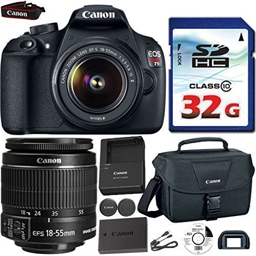Canon EOS Rebel T5 DSLR 18mp + EF-S 18-55mm IS [Image Stabilizer] II Zoom Lens + Canon Professional Gadget Bag + Commander 32GB Class 10 Ultra High Speed Memory Card