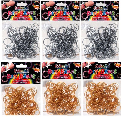 DIY Bands - 600 Count Silver and Gold Refill Silicone Bands with Clips and Loom Tool