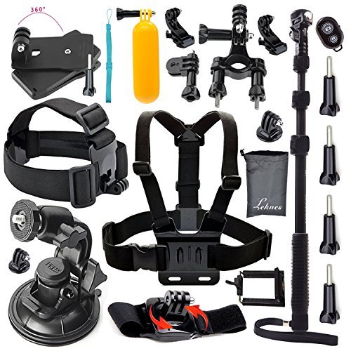 Leknes Common Outdoor Sports Essentials Kit for GoPro Hero 4 3+ 3 2 1 and Sj4000 Sj5000 Sport camera in Parachuting Diving Surfing Rowing Running Cycling Camping And More, Includes: Aluminum Alloy Extendable Selfie Stick Handheld Monopod + Head Belt Strap Mount + Chest Strap + Big Size Car Suction Cup Mount + Floating Handle Grip + Tripod Mount Adapter + Surface J-Hook + 360 Degree Rotary Clip Mount + Bike Handlebar Mount + 360 Degree Rotating Adjustable Wrist Mount + Pouch
